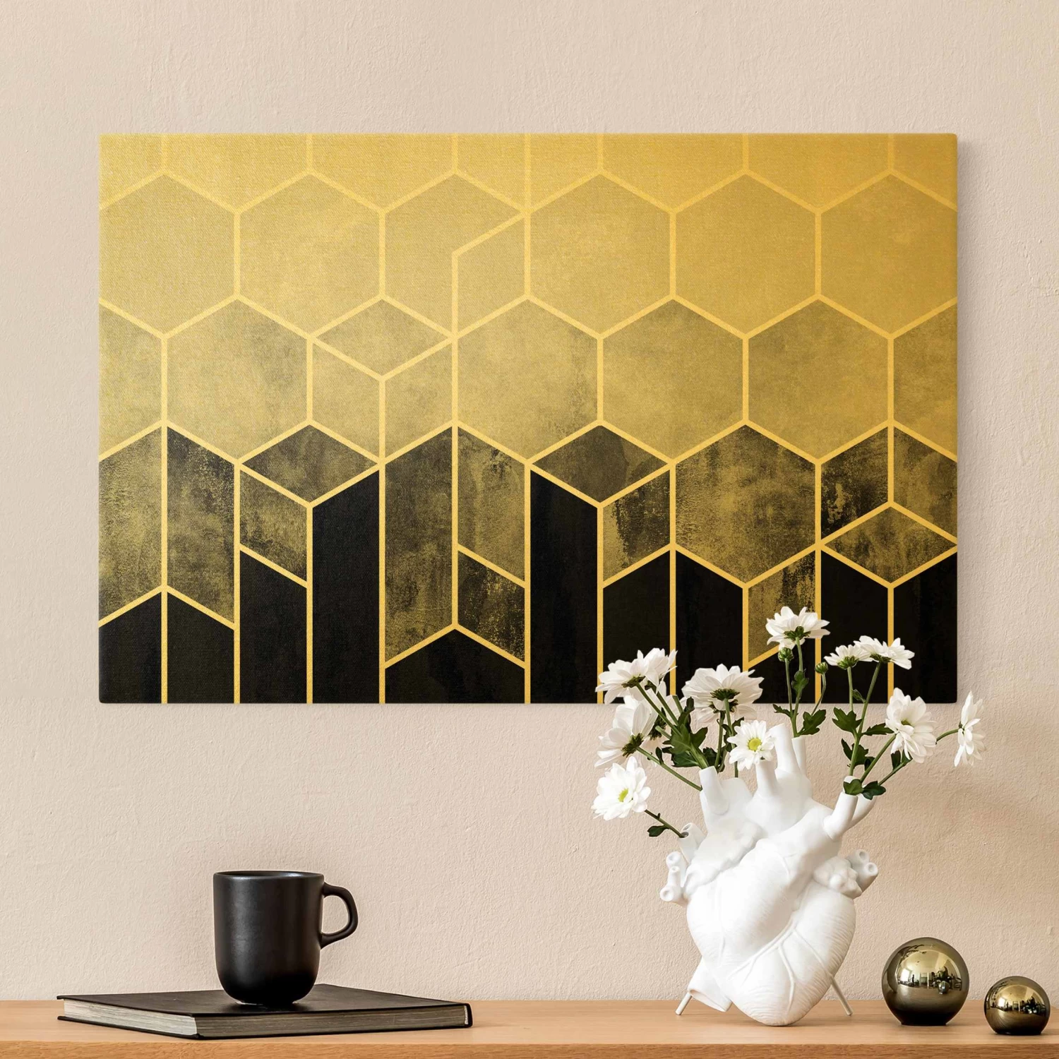Leinwandbild Gold - Goldene Geometrie - Sechsecke Schwarz Weiß In Schwarz-Weiß 4 Leinwandbild Gold - Goldene Geometrie - Sechsecke Schwarz Weiß In Schwarz-Weiß – Bild 2