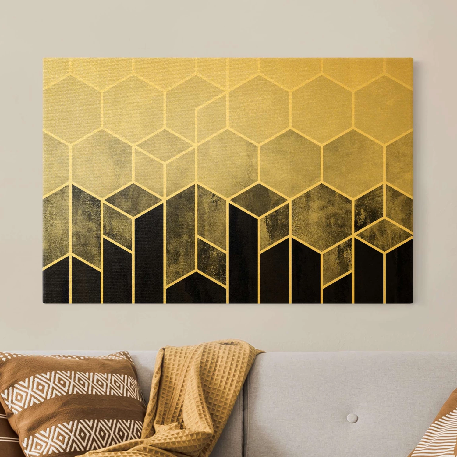 Leinwandbild Gold - Goldene Geometrie - Sechsecke Schwarz Weiß In Schwarz-Weiß 5 Leinwandbild Gold - Goldene Geometrie - Sechsecke Schwarz Weiß In Schwarz-Weiß – Bild 3