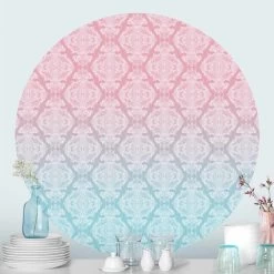 Runde Tapete - Aquarell Barock Muster Mit Blau Rosa Verlauf In Blau -Dekostuck Store wallart runde tapete aquarell barock muster mit blau rosa verlauf in blau 2