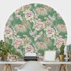 Runde Tapete - Aquarell Vögel Mit Großen Blüten Vor Grün In Bunt -Dekostuck Store wallart runde tapete aquarell vogel mit grossen bluten vor grun in bunt 1