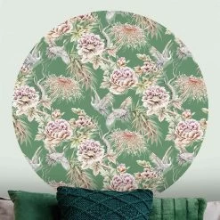 Runde Tapete - Aquarell Vögel Mit Großen Blüten Vor Grün In Bunt -Dekostuck Store wallart runde tapete aquarell vogel mit grossen bluten vor grun in bunt 2