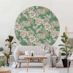 Runde Tapete - Aquarell Vögel Mit Großen Blüten Vor Grün In Bunt -Dekostuck Store wallart runde tapete aquarell vogel mit grossen bluten vor grun in bunt 3