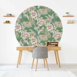 Runde Tapete - Aquarell Vögel Mit Großen Blüten Vor Grün In Bunt -Dekostuck Store wallart runde tapete aquarell vogel mit grossen bluten vor grun in bunt 4