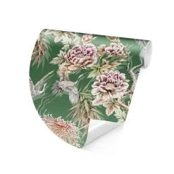 Runde Tapete - Aquarell Vögel Mit Großen Blüten Vor Grün In Bunt -Dekostuck Store wallart runde tapete aquarell vogel mit grossen bluten vor grun in bunt 5