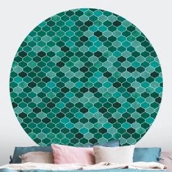 Runde Tapete - Marokkanisches Aquarell Muster In Türkis -Dekostuck Store wallart runde tapete marokkanisches aquarell muster in turkis 2