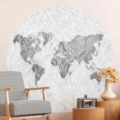 Runde Tapete - Papier Weltkarte Weiß Grau In Schwarz-Weiß -Dekostuck Store wallart runde tapete papier weltkarte weiss grau in schwarz weiss 2