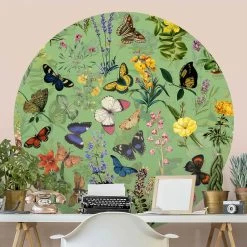 Runde Tapete Selbstklebend - Schmetterlinge Mit Blumen In Grün -Dekostuck Store wallart runde tapete selbstklebend schmetterlinge mit blumen in grun 2
