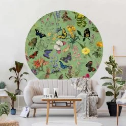 Runde Tapete Selbstklebend - Schmetterlinge Mit Blumen In Grün -Dekostuck Store wallart runde tapete selbstklebend schmetterlinge mit blumen in grun 3