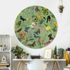 Runde Tapete Selbstklebend - Schmetterlinge Mit Blumen In Grün -Dekostuck Store wallart runde tapete selbstklebend schmetterlinge mit blumen in grun 4