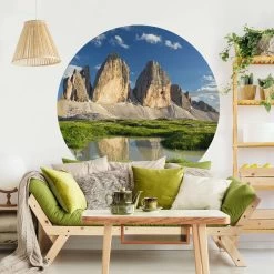 Runde Tapete - Südtiroler Zinnen Und Wasserspiegelung In Grün -Dekostuck Store wallart runde tapete sudtiroler zinnen und wasserspiegelung in grun 3