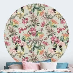 Runde Tapete - Tropische Blumen Vor Mint In Bunt -Dekostuck Store wallart runde tapete tropische blumen vor mint in bunt 2