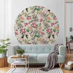 Runde Tapete - Tropische Blumen Vor Mint In Bunt -Dekostuck Store wallart runde tapete tropische blumen vor mint in bunt 3