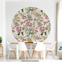 Runde Tapete - Tropische Blumen Vor Mint In Bunt -Dekostuck Store wallart runde tapete tropische blumen vor mint in bunt 4