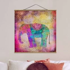 Stoffbild - Bunte Collage - Indischer Elefant In Bunt -Dekostuck Store wallart stoffbild bunte collage indischer elefant in bunt 1