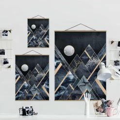 Stoffbild - E. Fredriksson - Goldener Mond Schwarze Berge In Blau -Dekostuck Store wallart stoffbild e fredriksson goldener mond schwarze berge in blau 6
