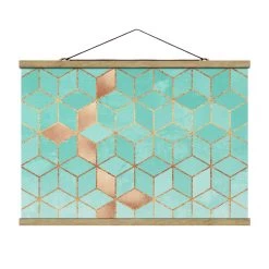 Stoffbild - E. Fredriksson - Türkis Weiß Goldene Geometrie In Türkis -Dekostuck Store wallart stoffbild e fredriksson turkis weiss goldene geometrie in turkis 4