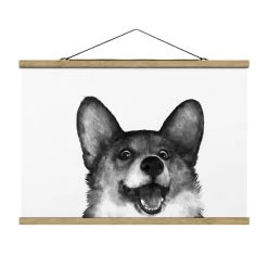 Stoffbild - Laura Graves - Illustration Hund Corgi Malerei In Schwarz-Weiß