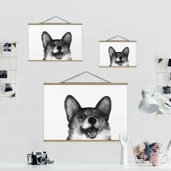 Stoffbild - Laura Graves - Illustration Hund Corgi Malerei In Schwarz-Weiß -Dekostuck Store wallart stoffbild laura graves illustration hund corgi malerei in schwarz weiss 6