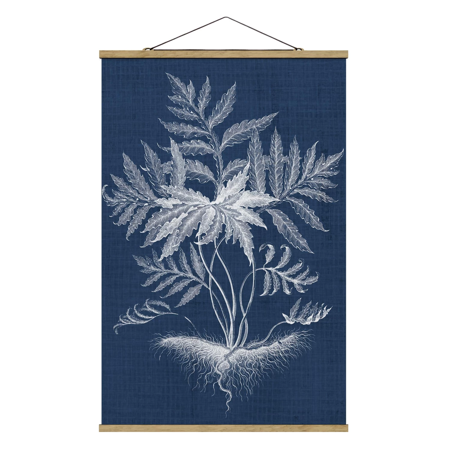 Stoffbild Mit Posterleisten - Denim Pflanzenstudie IV In Blau 3 Stoffbild Mit Posterleisten - Denim Pflanzenstudie IV In Blau