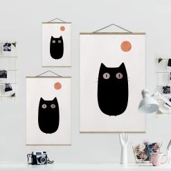Stoffbild Mit Posterleisten - Schwarze Katze Illustration In Schwarz-Weiß -Dekostuck Store wallart stoffbild mit posterleisten schwarze katze illustration in schwarz weiss 5