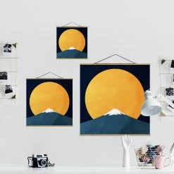 Stoffbild Mit Posterleisten - Sonne, Mond Und Berge In Gelb -Dekostuck Store wallart stoffbild mit posterleisten sonne mond und berge in gelb 5